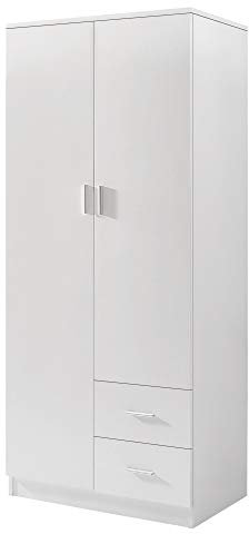 Tall Wooden 2 Door Wardrobe With 2 Drawers Bedroom Storage Units With Hanging Bar Clothes (White1)