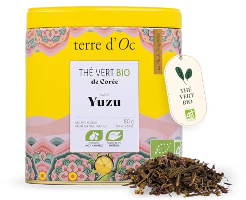 Terre d'Oc - Thé Vert Bio Daejak - Yuzu - Corée du Sud - Vrac - 80g | Saveur Zestée et Vivifiante - Boite Métal - Citron d'Ichang & Mandarine Sauvage - Idée Cadeau Homme et Femme