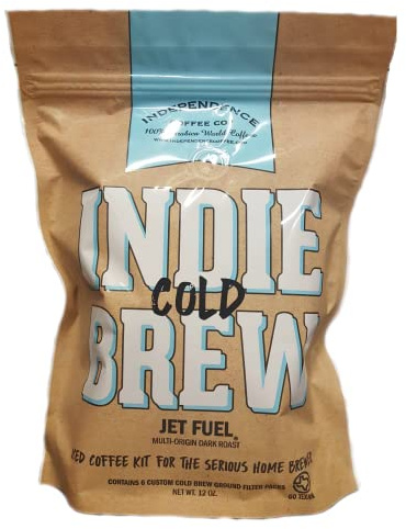 Independence Coffee Co. Indie Cold Brew Iced Coffee Kit, Jet Fuel Intense and Heavy Body, Dark Roast Coffee, 12 Ounce (Contains 6 Custom Cold Brew Ground Filter Packs)