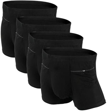 LUEXBOX 4 Packs Pocket Underwear for Men with Secret Hidden Pocket, Travel Boxer Brief, (Black), Black, S