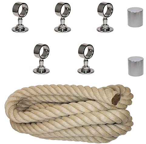 Handlaufseil Set 30mm - bestehend aus 2 Endkappen 5 Seilträger verchromt und 5m Nature Touch Handlaufseil naturfarben