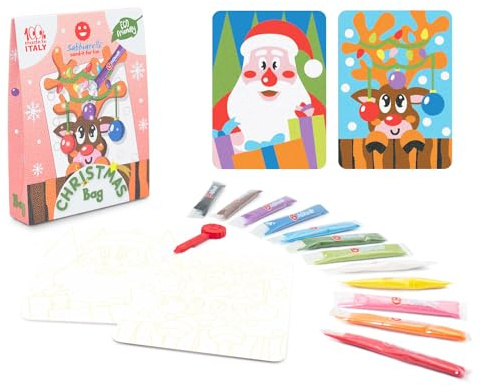 Sabbiarelli – Bag Christmas | Mini-Sand-Art-Set: Weihnachten | Enthält Klebemotive, Farbsand und Abziehwerkzeug | 100% Made in Italy | Kreativer Bastelspaß | Kinder 5-12 Jahre