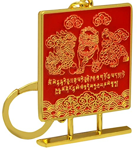 Feng Shui Schlüsselanhänger mit drei himmlischen Spiegeln, The Pi Yao, The Chi Lin and The Fu Dog Schlüsselanhänger, rot