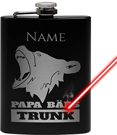 PR Print Royal Flachmann mit Gravur aus Edelstahl selbst gestalten - Papa-Bärs Trunk - mit Name gravieren - Geschenkidee für Papas, Männer - Praktische Taschengröße | Schwarz, 225 ml, Lasergravur