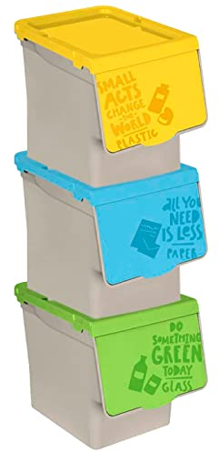 ACAN Tradineur - Pack de 3 contenedores apilables, polipropileno, cubos de basura,almacenamiento de residuos, fácil apertura, reciclaje (Papel, plástico y vidrio, 27 litros, 31,5 x 29,5 cm x 39,5 cm)