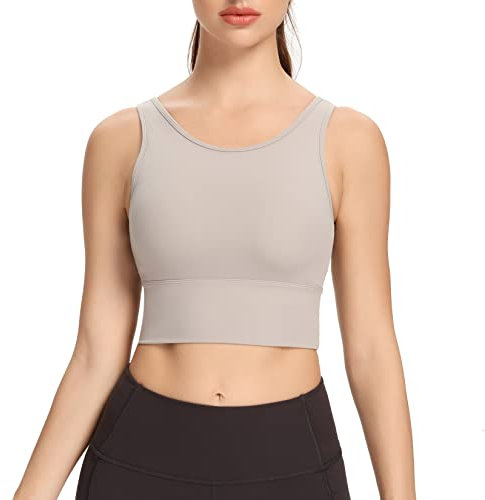 Lemedy Damen-Sport-BHs, Träger, lang, Fitness, gepolstert, für Workout, Yoga, Laufen, bauchfreies Tanktop, Hellgrau-U-Rücken, small