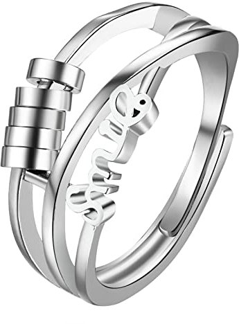 JewelryWe Schmuck Anxiety Ring Damen Angst Fidget Spinner Ring Verstellbar Edelstahl Anti Stress Spinning Ringe Zappelringe Geschenke für Frauen Silber - Smile