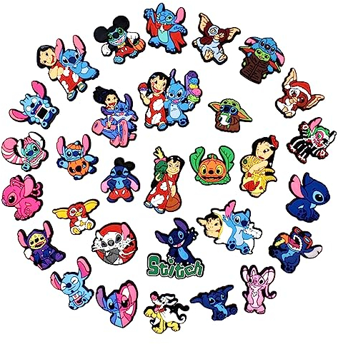 30 Pièces Breloques pour Sabots, Sti-tch Charmes de Chaussure, Charmes de Chaussure Dessin Animé en PVC, Accessoires pour Enfants et Adultes, Cadeau de Fête d'anniversaire (Bleu Rose Stit-ch)