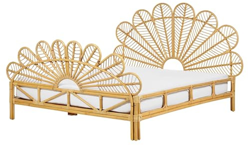 Beliani Bett Rattan Hellbraun Lattenrost 160x200 cm Kopf- & Fußteil Pfauform Florentine