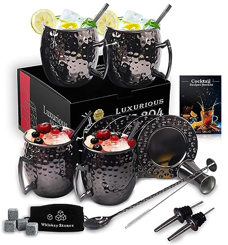 FAUHAL Schwarze Moscow Mule Tassen Set mit 4 großen 530 ml Edelstahl-Mule-Bechern, Geschenk-Set, Mule-Becher mit Griff, Kupferbecher zum Trinken, perfekt für kalte Getränke, Bier, Wein, Bars, Partys,