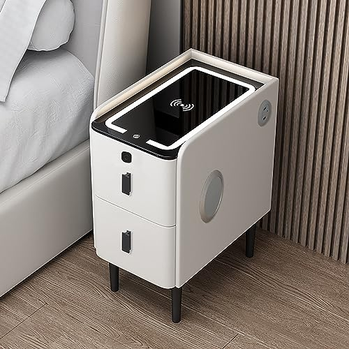 2 Drawer Nightstand White/Grey/orange Nightstand Led Nightstand Modern With Wireless Charging Fingerprint Lock And Audio Smart Bedside Table With 3 Color LED Lights ( Color : White , Size : 25*40*50cm