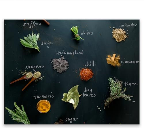 SMTDeco Herdabdeckplatte 52×40 cm – ESG gehärtetes Glas, kratzfest & rutschfest – Spritzschutz & Schneidebrett – für Induktion/Ceranfeld – 1-teilig, Motiv Gewürze Name Graphit