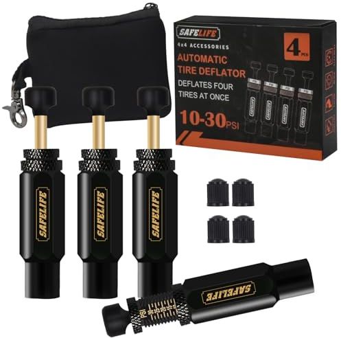 SAFELIFE Automatic Tire Deflator, 10-30 PSI/0.7-2 BAR Adjustable Auto-Stop Tire Deflator Kit, Screw-on Tyre Air Down Tool for Offroad 4x4 (Set of 4)