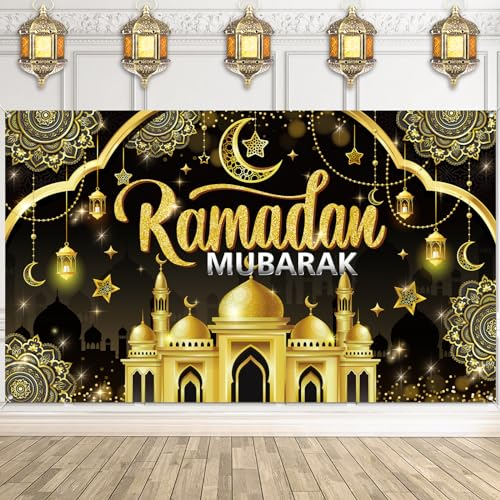 DPKOW Ramadan Deko, Ramadan Hintergrundbanner Ramadan Mubarak Dekoration Ramadan Kareem Banner, Stoff Großes Schwarzgold Muslim Islamische Banner Eid Mubarak Dekoration Ramadan, 180x110 cm