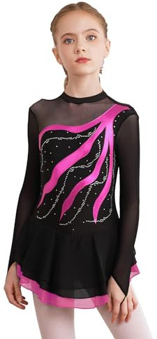 inhzoy Abito da Pattinaggio Artistico Bambina Manica Lunga Vestito da Balletto Ginnastica Artistica Body da Danza Classica Ballerina Strass Leotards Vestito da Ballo Lirico Rosa Caldo C 13-14 Anni