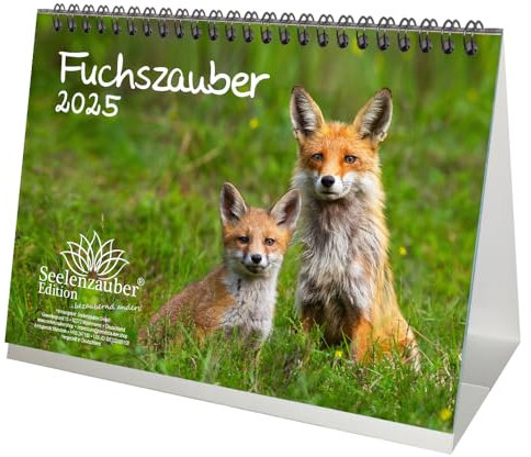 Fuchszauber DIN A5 Tischkalender für 2025 Fuchs und Füchse - Geschenkset Inhalt: 1x Kalender, 1x Weihnachtskarte (insgesamt 2 Teile)