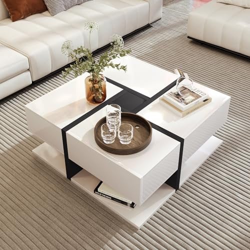 Merax Unique Color Matching & Line Design Coffee Table with 4 Drawers, Modern Square, 78x78x36cm, White