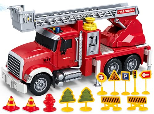 Kids Toys for 3 4 5 6 7 8 Years Old Boys, 15 Large Fire Truck Toy, Friction Powered Fire Rescue Truck Vehicle Toy with Lights and Sirens Sounds, Water Pump, Ladder, Birthday Gifts for Boys Girls