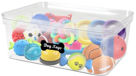 Ctomche Dog Toy Basket-Dog Toy Storage Box with Handle and Lid Pet Toy Organiser Boxes Puppy Toy Clear Plastic Dog Storage Container Pet Cat Toy Box for Leashes, Blanket, Clothes and Food