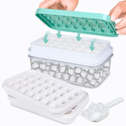 Eiswürfelform, Eiswürfelbehälter mit Deckel und Box für 56 Eiswürfel, Leicht Herausnehmbare BPA Freie Eiswürfelformen, Eiswürfelform Silikon für Kühlschrank, Whiskey, Cocktails und Getränke (Blau)