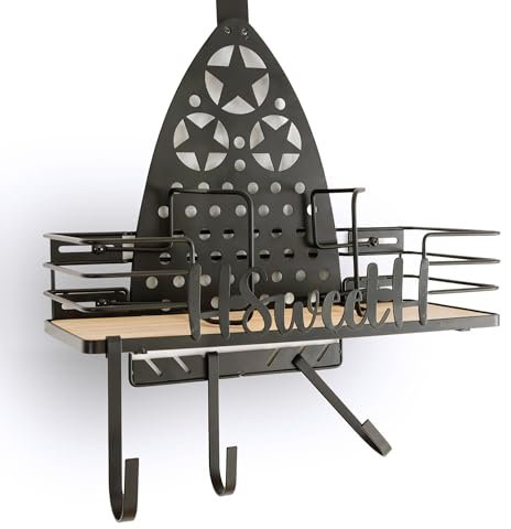 14 x 6 x 18 Farmhouse Ironing Board Hanger Wall Mount or Over the Door - Universal Laundry Room Ironing Board Holder Caddy with Iron Holder Shelf - Hold Ironing Boards Large & Small - - Black