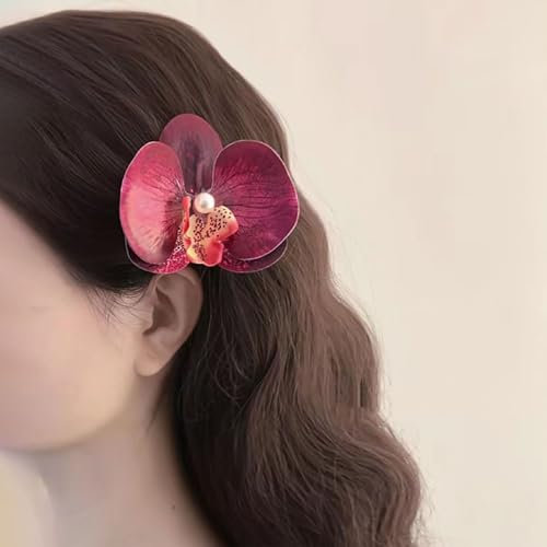 TseenYi Pinces à cheveux fleur d'orchidée Pinces à cheveux orchidée rouge Grand tissu Floral Clip Papillon Orchidée Floral Épingle à cheveux Perle Floral Mariée Mariage Coiffe