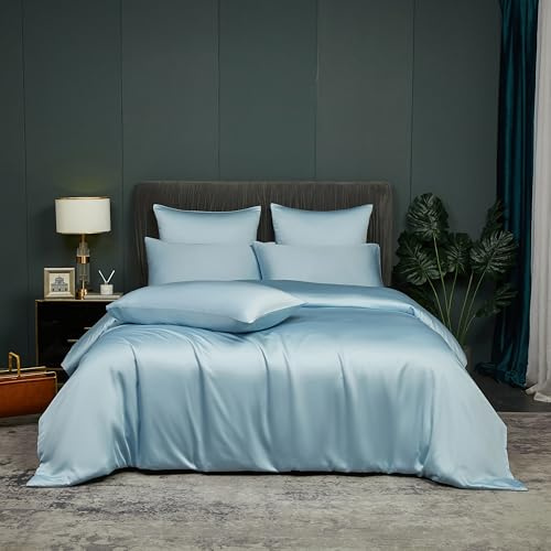 DXHOME Bettwäsche Bambus 155x220cm Blau Hellblau Uni Bambusfaser Sommerbettwäsche Atmungsaktiv Kühle Bettbezug-Set Doppelbett Bettbezug mit Reißverschluss und 2 Kissenbezüge 80x80cm