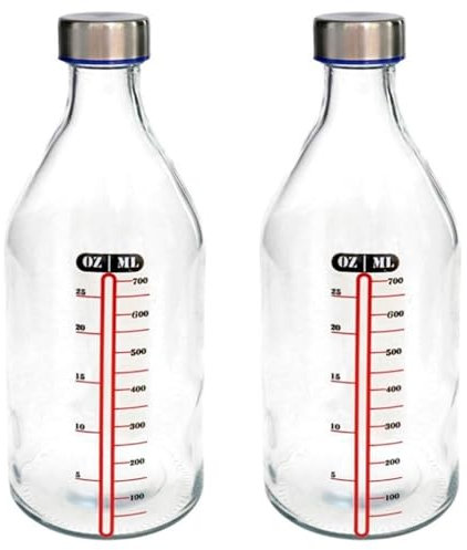 Tradineur - Pack de 2 Botellas medidoras de Vidrio con tapón de Acero, línea de Medida y Cierre de Rosca, Agua, Leche, Batidos, zumos, licuados de Verduras, Salsas, frigorífico - 1 litro