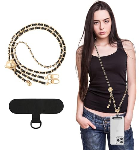 MoKo Universal Phone Lanyard, Metal Cell Phone Chain Crossbody Strap Anti-Theft Detachable Women Cellphone Lanyards Around the Neck with Patches for iPhone, Most Smartphones,(Adjustable) Gold & Black