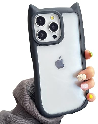 Emlivi Case for iPhone 16 Pro, Cute Transparent Mobile Phone Case, Crystal Clear Case with 3D Cartoon Cat Ears Design, Protective Silicone TPU Bumper Cover, Kitty Case for iPhone 16 Pro, Black