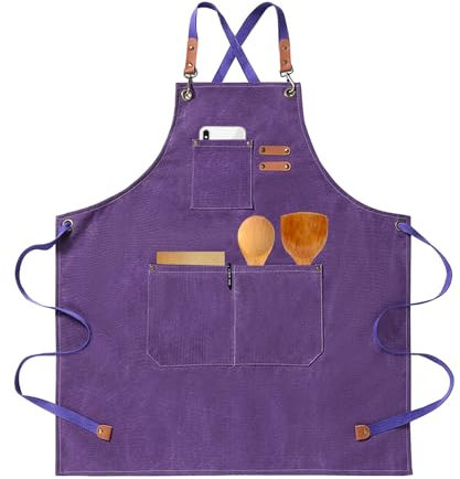 HIUOUIH Küchenschürze Herren 76x68cm Kochschürze Männer und Frauen Grillschürze mit Verstellbarem Riemen und 3 Taschen Arbeitsschürzen zum Kochen, Backen, Küche, Restaurant, Lila