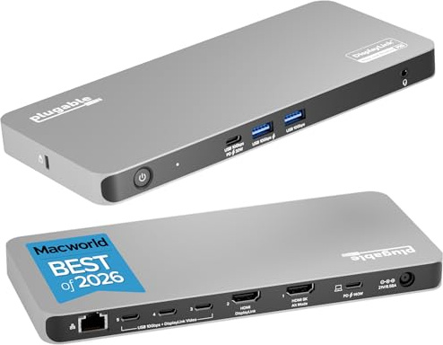 Plugable Docking station USB C 5 monitor, 140 W DisplayLink Dock collega fino a cinque display 4K per MacBook Windows Thunderbolt 4 laptop, 2x HDMI, 3x USBC 2.5Gbps Ethernet, driver richiesto UD