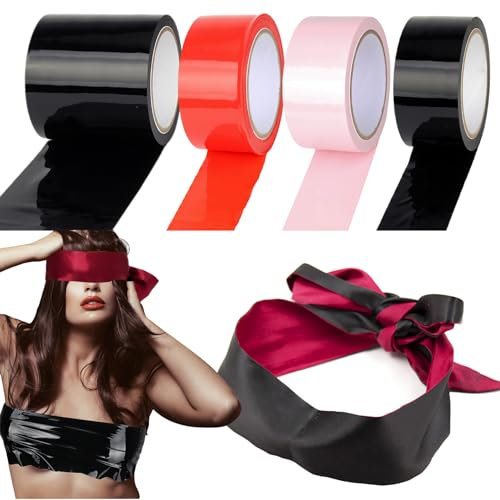120m Bondage Tape Set BDSM Sex Tape, 30m x 4Rollen Ohne Kleber Elektrostatisches Restraints Tape mit Satin Augenmaske, PVC Static Electrostatic Tape (Breite: 10cm x 1Rollen + 5cm x 3Rollen)