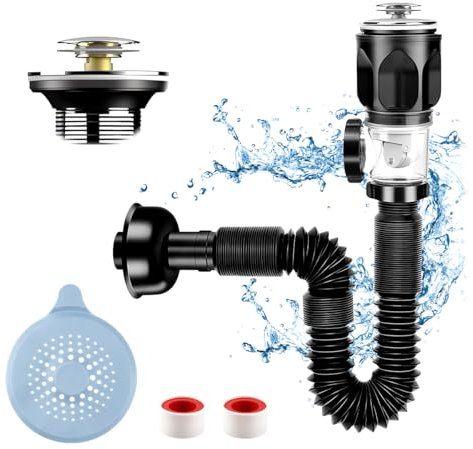 Waschbecken Ablaufgarnitur, Siphon Waschbecken Kit Mit Einziehbarem Flexiblem Abflussrohr, Anti Verstopfung Geruch und Insekt Resistent Abfluss Waschbecken für Bad, Küchenspüle