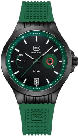 GLOCK Herren Solar Quarz Uhr | 42mm Gehäuse | Armbanduhr mit Schwarzem Edelstahlgehäuse | Schwarzem Zifferblatt | Grünem Silikonarmband | 10ATM | GW-19-4-22