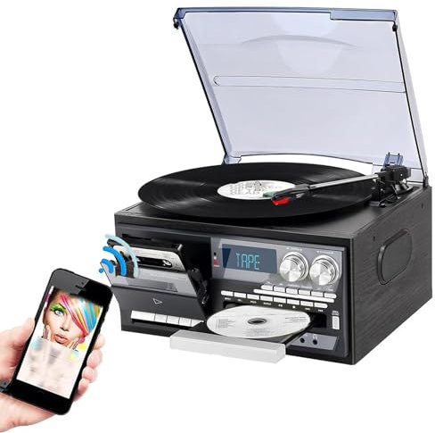 KLYDBMYT Tocadiscos 9 en 1, Tocadiscos Bluetooth, Tocadiscos Vintage de 3 velocidades, Reproductor de CD, Radio Am/FM, Tocadiscos domésticos para Discos de Vinilo
