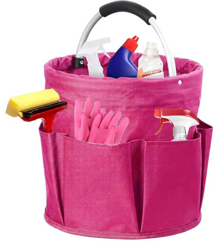 Jonuin Cleaning Caddy with Handle, 11x11in Cleaning Bag Organiser, Multi Pocket Collapsible Cleanings Caddy, Large Capacity Bag, Foldable Cleanings Bucket Organiser for Indoor and Outdoor (Rose Red)