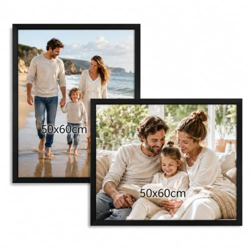 Truevaste 2er Bilderrahmen 50x60 cm Schwarz, MDF Bilder Rahmen 60x50 mit Acrylglas, Klassischer Fotorahmen für Wand Tischbilderrahmen mit Aufhängen Aufstellen, Picture Frame für Fotos Poster Dokument