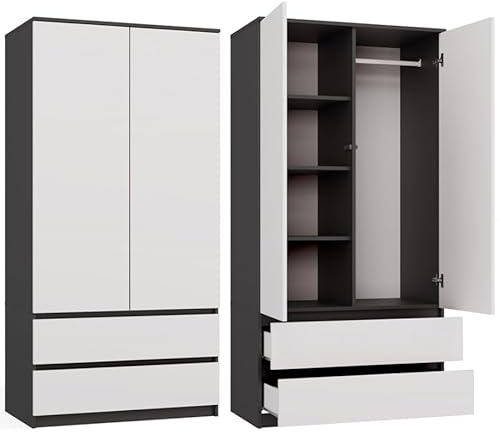 BDW Kleiderschrank SS-90, 180 x 90 x 50 cm, Moderner Schrank | Ideal für EIN Schlafzimmer, Flur, Kinderzimmer oder Büro | Kleiderständer, Garderobenständer | (Anthrazit/Weiß)