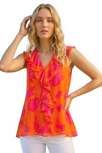 Roman Women Frill Front Vest Top Ladies Ruffle Blouse Summer Spring Special Occasion Evening Holiday Cruise Cocktail Party Short Long Sleeve Sleeveless V-Neck - Tropical Orange - Size 20