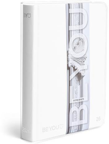 BE YOU - Extra White, Schülerkalender 2025-2026, 12 Monate, September 2025 - August 2026, Schulkalender mit Sticker und Skizzenseiten, mit transparentem Umschlag, Format Large 13,5 x 18,2 cm.