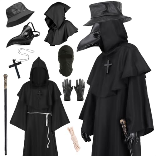 FOVER Pestdoktor Kostüm Herren Pestarzt Kostüm Karneval Mittelalter Steampunk Cosplay Pest Doktor Maske mit Mönchskutte Zepter Hut Handschuhe Plague Doctor Costume Outfit für Halloween Fasching Party