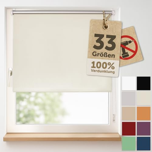 Blumtal Verdunkelungsrollo ohne Bohren 85x130cm - Thermorollo/Verdunklungsrollo 100% Verdunkelung - Klemmrollos für Fenster ohne Bohren - 4-lagiges Rollo UV-beständig - Blackout Blinds Ivory