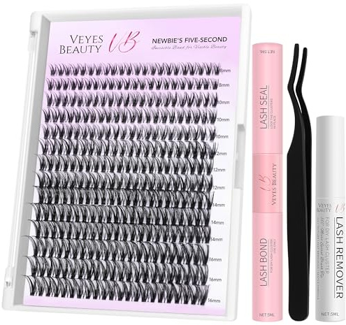 VEYESBEAUTY Pestañas Postizas Newbie's Five-Second Kit Pestañas Pelo a Pelo Com Pegamento y Sellado Lash Cluster Pestañas Individuales (Ribbon Kit, 8-16mm)