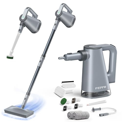 FEPPO Balai vapeur avec nettoyeur vapeur amovible pour le nettoyage de la maison et du sol, accessoires polyvalents 10 en 1 et 2 tampons, cuiseur vapeur puissant pour sols, bois dur, carrelage, joints