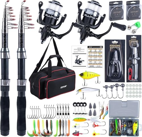 Goture Angelset mit 2 Teleskop-Angelruten, 1,9m Angelrute Set Komplett 2 5.2:1 Spinnrolle, Schnur, Köderbox & Tragetasche – für Salz-/Süßwasser, Reisen–Angelgeschenk