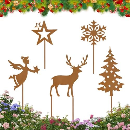 CHENBOOW Gartendeko Rostoptik,5 Stück Gartenstecker Weihnachten,Tolle Gartendeko aus Rost-Metall,Rost Gartenstecker,Deko Weihnachten,für Draußen Garten Wetterfest Deko