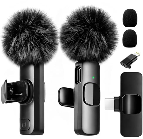Wireless Lavalier Microphone Bluetooth for iPhone iPad Android | 2 Mini clip on Lapel Mic with Noise Reduction and Crystal Sound Plug-Play Microphone for Video Record, Vlog, TikTok, YouTube
