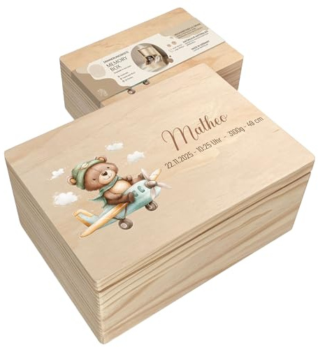 CRAFTNEZ - Baby Erinnerungsbox - personalisierte Holzkiste - Made in EU - Deckel mit Magnetverschluss - Erinnerungskiste mit Namen - Geschenk zur Geburt & Taufe (Mot6, L)