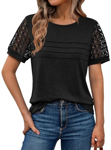 LILLUSORY Womens Tops Summer Lace Short Sleeve Ladies T Shirts UK | Crew Neck,Basic Elegant Tshirts,Business Casual Blouse,Plus Size Tops,Dressy Capsule Wardrobe Clothing 2026,Easy Matching